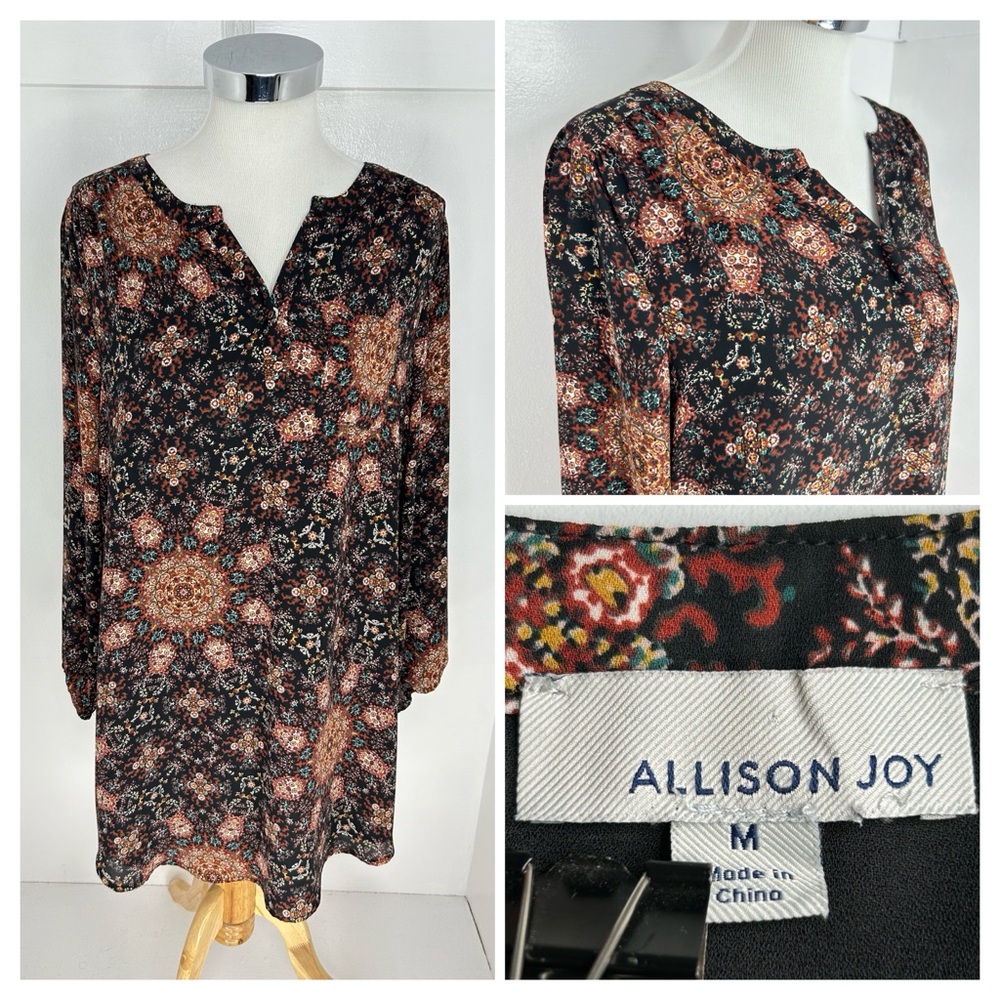 Allison Joy Split Neck Long Sleeve Shift Dress Size Medium Floral Pattern